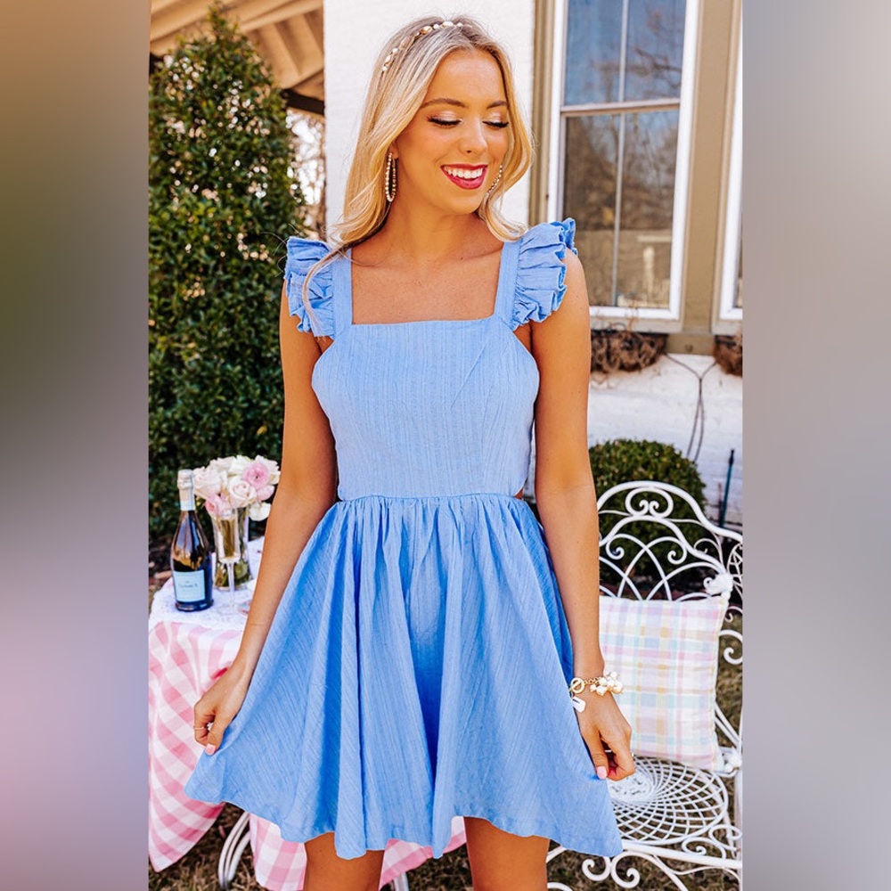 Impressions Light Blue Ruffle Mini Dress